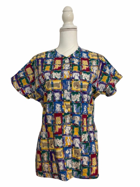 Barco Uniforms Tops - Barco Uniforms Multicolor Patchwork Cat & Dog Print Nursing Scrub Top Women’s XS
